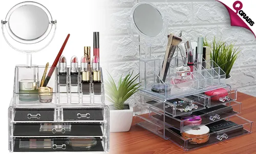 Cosmetic Organizer with Dual-Sided Mirror!